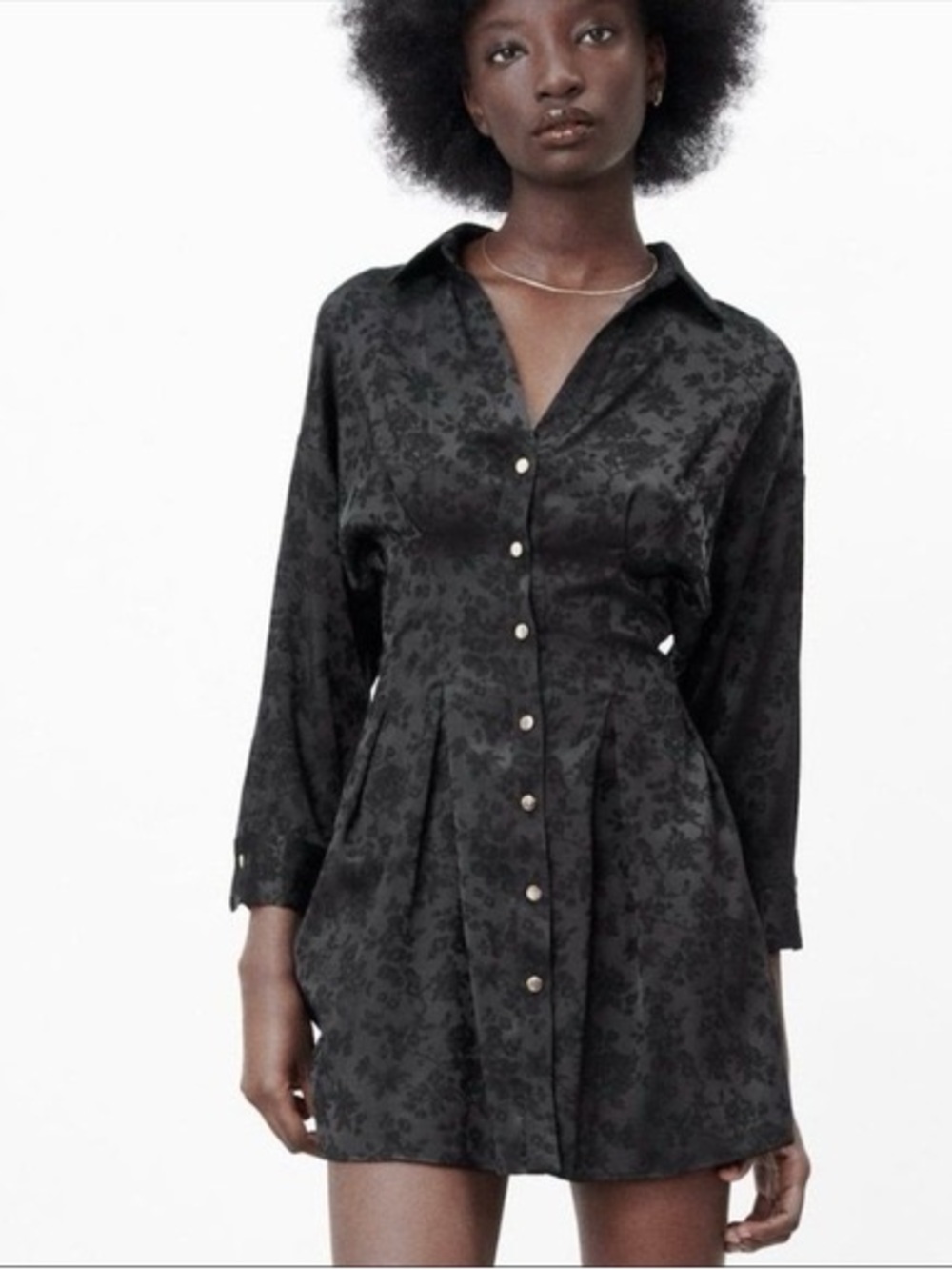ZARA Black Floral Button-Front Shirt Dress